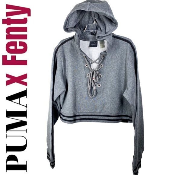 PUMA x FENTY Gray Cropped Oversized Lace Up Rising Sun Hoodie, Size Small - Picture 3 of 12